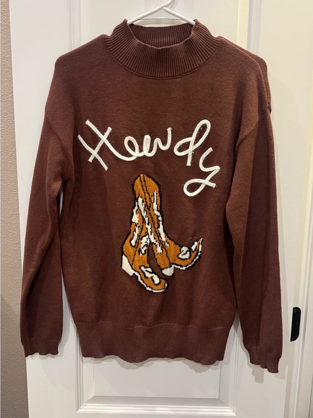 Brown Sweater with Embroidered Boots and Script